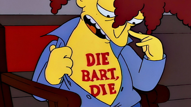 Sideshow Bob pointing at his Die Bart, Die tattoo on The Simpsons