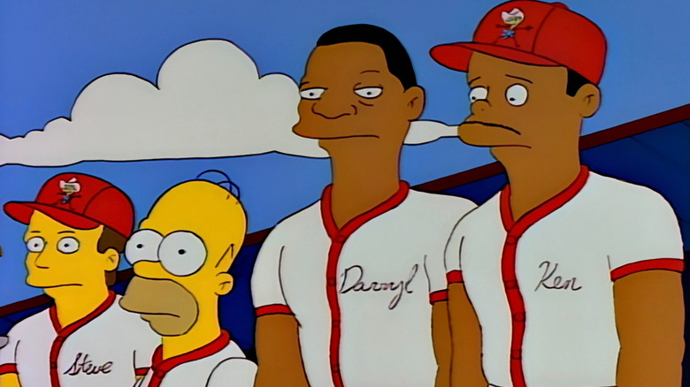 Homer Simpson standing next to Steve Sax, Darryl Strawberry, and Ken Griffey Jr. on The Simpsons