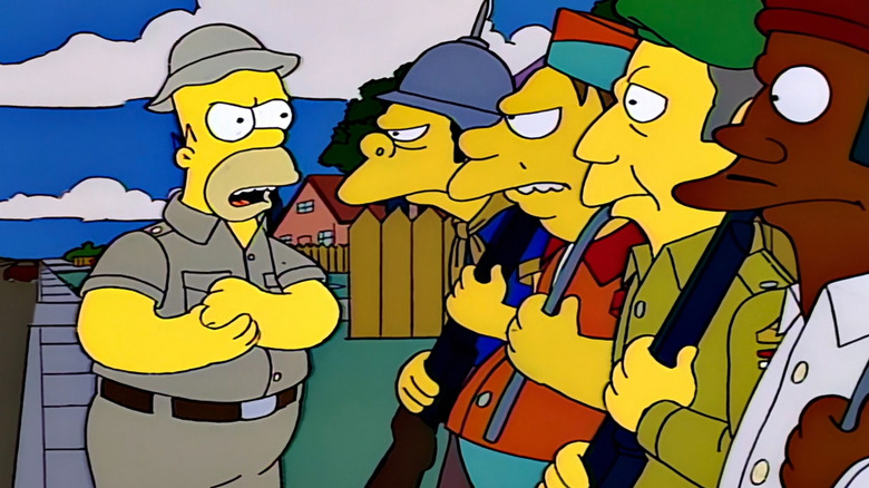 Homer giving orders to Moe, Barney, Principal Skinner, and Apu on The Simpsons