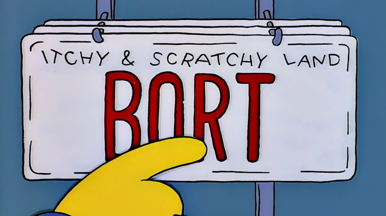 Bart pointing at a Bort license plate on The Simpsons