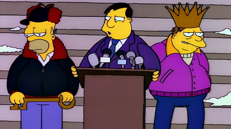 Homer looking sad while holding giant key next to Mayor Quimby and Barney on The Simpsons