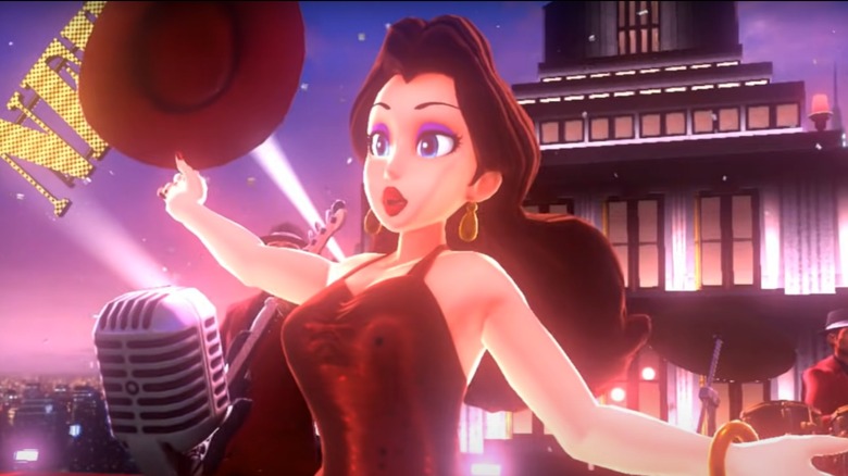 Pauline holds her hat and starts to sing 