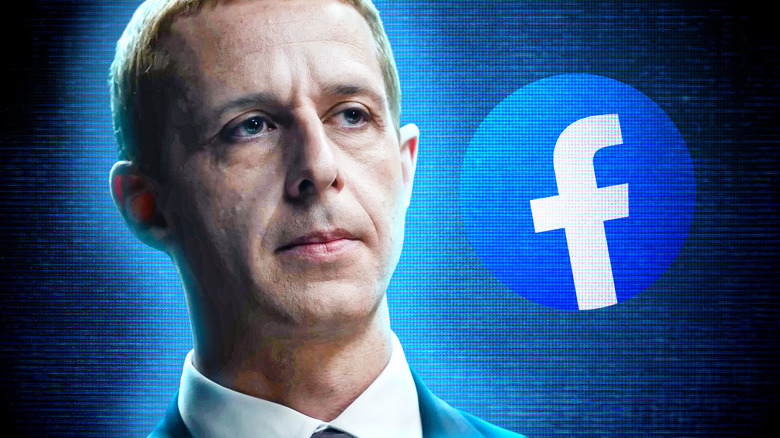 Mark Zuckerberg in The Social Reckoning next to a Facebook logo