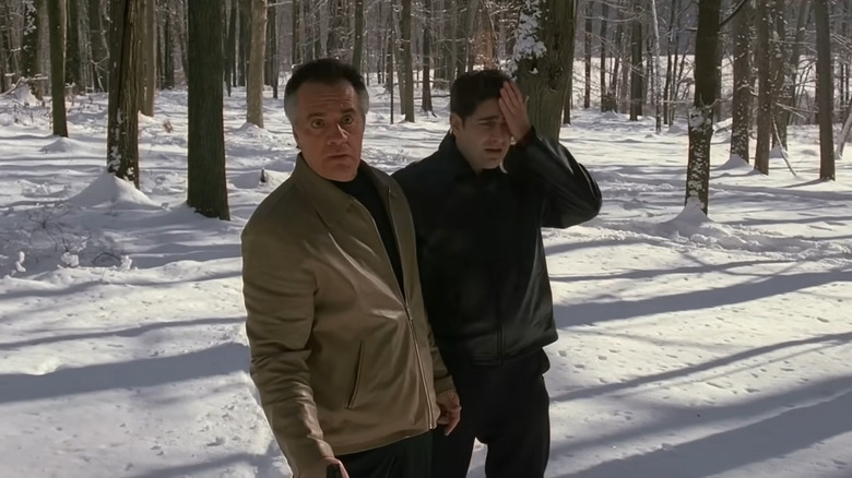 Christopher and Paulie wander through the woods in "Pine Barrens"