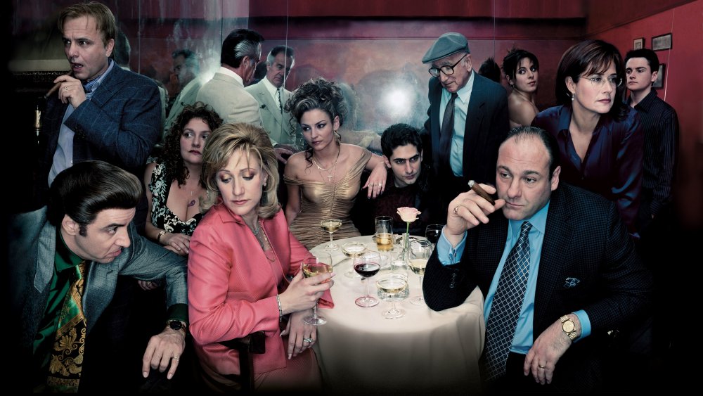 James Gandolfini, Edie Falco, and more in a promotional photo for HBO's The Sopranos