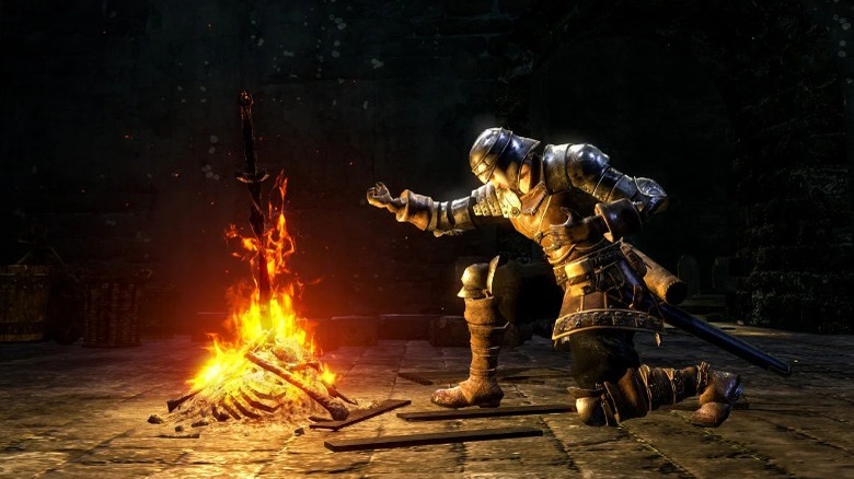 Knight kneeling at Bonfire
