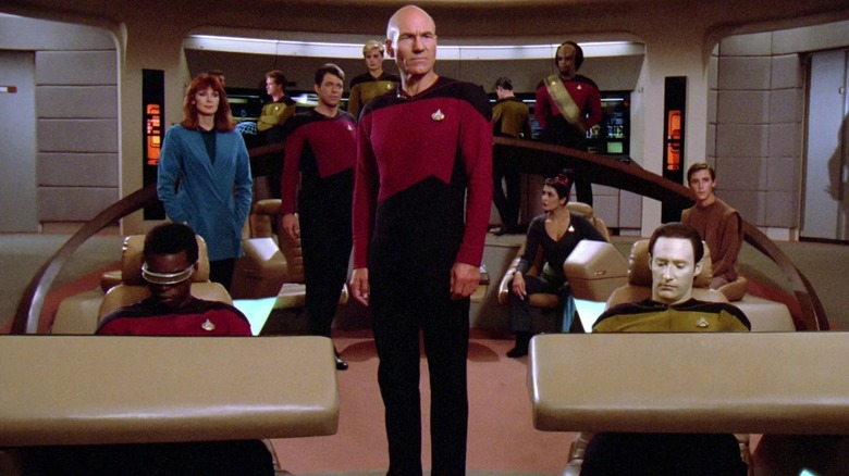 Captain Picard and the crew of the Enterprise on the bridge in Star Trek: The Next Generation