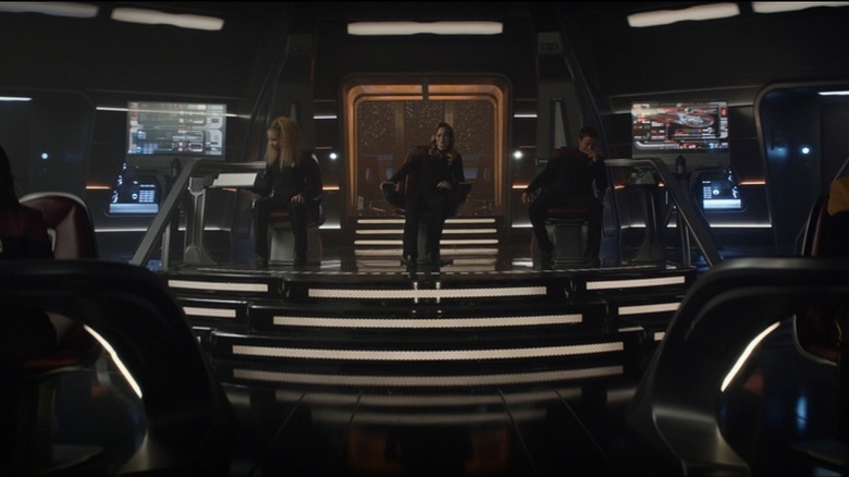 Seven, Raffi, and Crusher on the Enterprise bridge in Star Trek Picard.