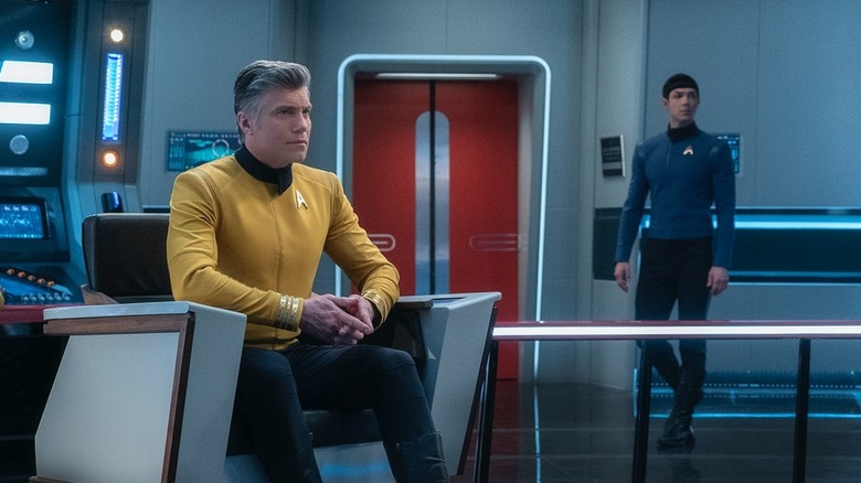 Pike and Spock look at the viewscreen
