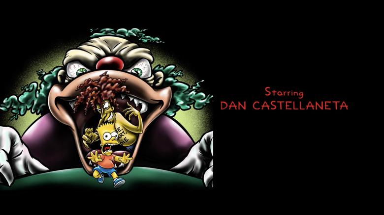 Bart Simpson and Sideshow Bob running out of Krusty's mouth