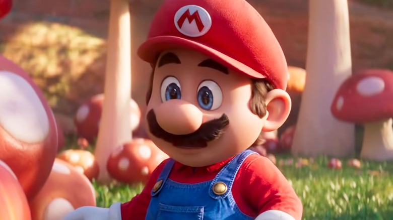 Mario looking at mushrooms