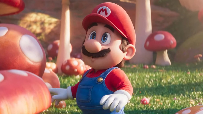 Mario looking up in a field of mushrooms