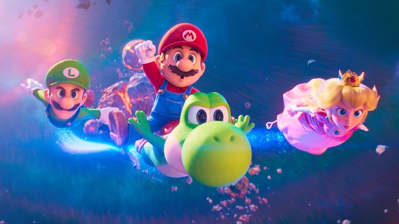 Luigi, Mario riding Yoshi, and Peach fly through space in 