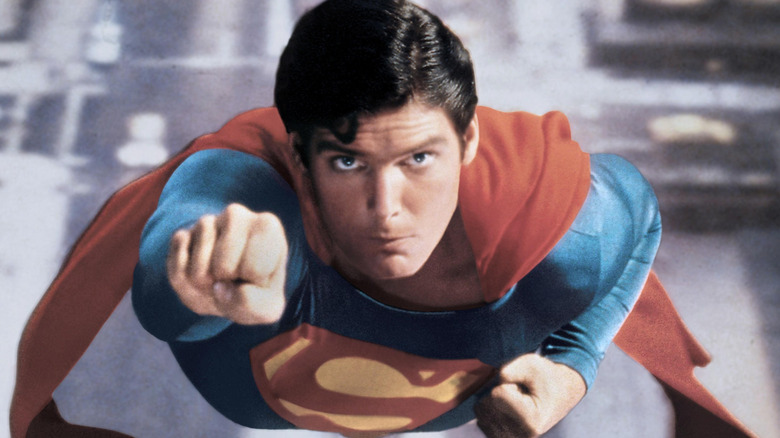 Superman soaring above the streets of Metropolis