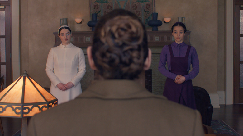 Agnes and Daisy speak to Aunt Lydia in "The Testaments" (2026)