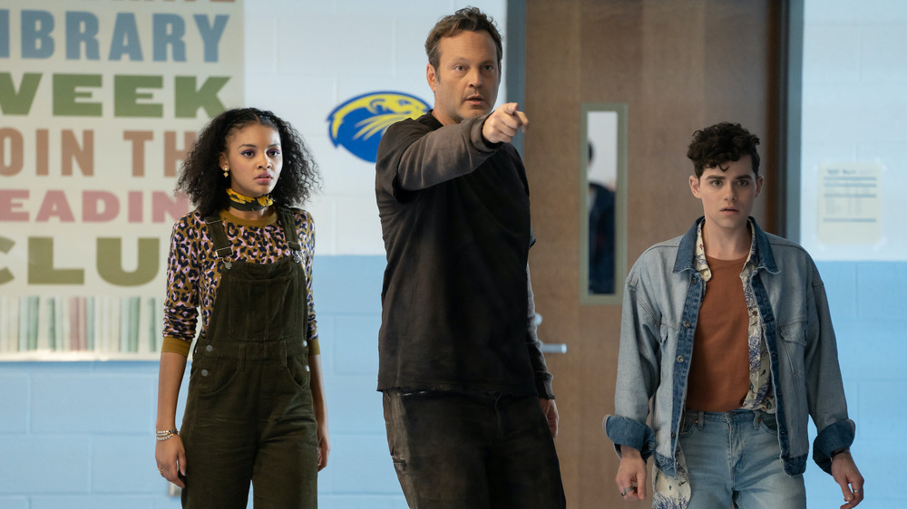 (from left) Nyla Chones (Celeste O'Connor), Millie Kessler in The Butcher's body (Vince Vaughn) and Josh Detmer (Misha Osherovich) in Freaky, co-written and directed by Christopher Landon.