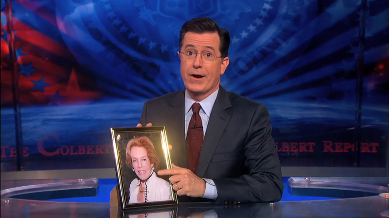 Stephen Colbert with a photo of his mother on "The Colbert Report" (2005-2014)