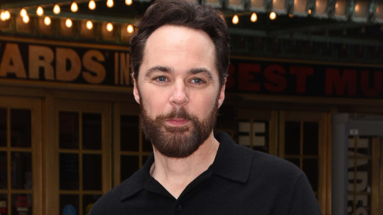 Jim Parsons with beard outside Broadway theater