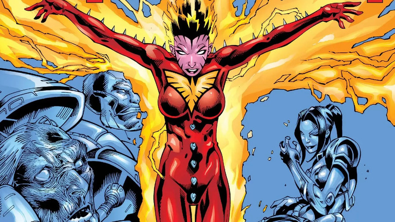 Rachel Summers using the Phoenix force and wearing a red uniform on X-Men: Phoenix