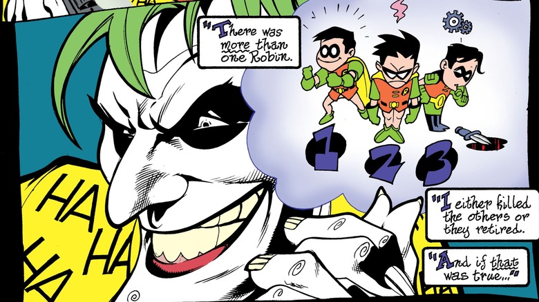 The Joker grinning as he imagines Robin