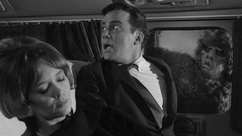 Robert Wilson screams after seeing the gremlin on The Twilight Zone (1959-1964)