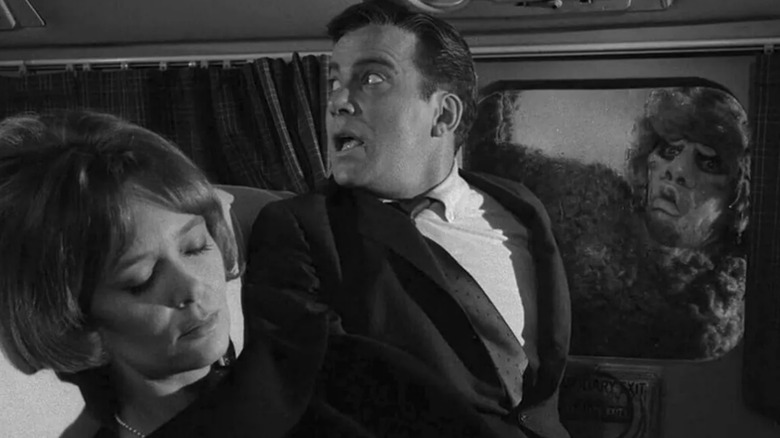 Robert Wilson screams after seeing the gremlin on The Twilight Zone (1959-1964)