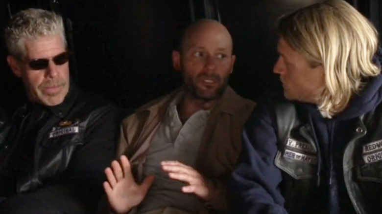 Clay, Chucky, and Jax confer on "Sons of Anarchy"