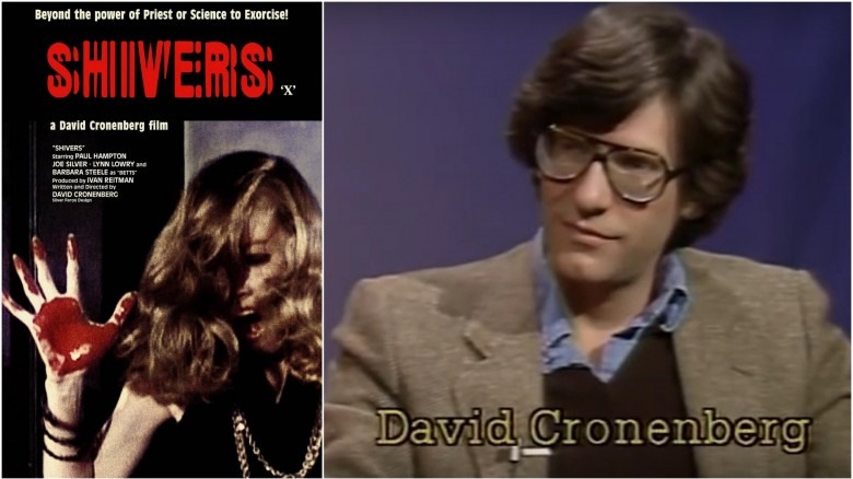 David Cronenberg next to a Shivers movie poster