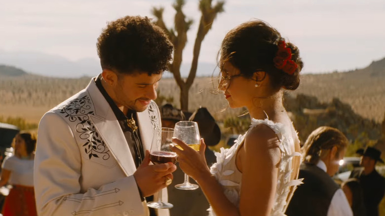 Bad Bunny as the Wolf toasting with his wife at wedding