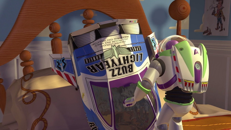 Buzz looks at his packaging