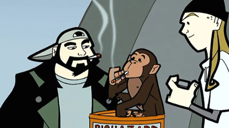 Silent Bob smoking with monkey