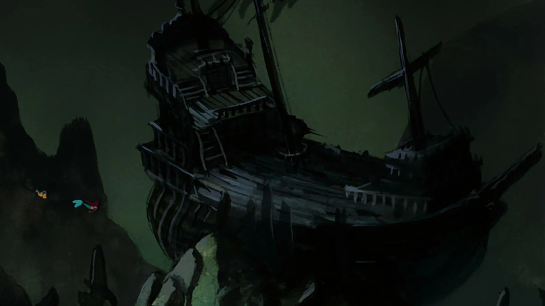 Flounder and Ariel swim to shipwreck