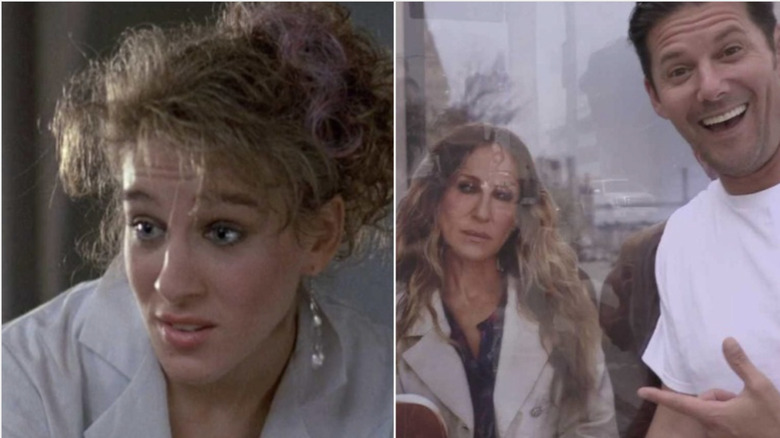 Sarah Jessica Parker in the movie and on a poster being pointed at