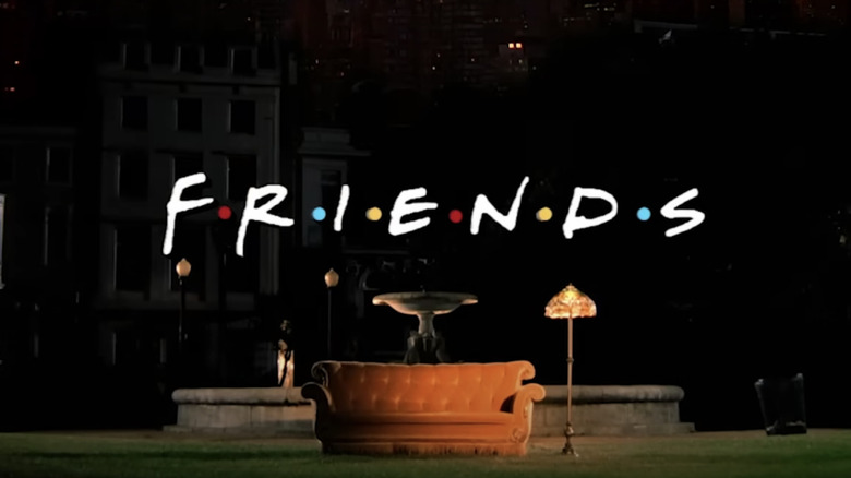 Friends title card with orange sofa and fountain