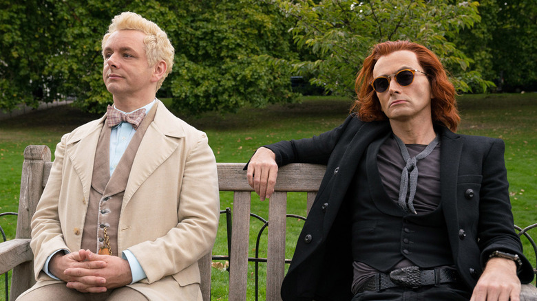 Aziraphale and Crowley sit on bench