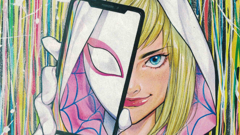 Gwen in her Ghost Spider costume in a comic cover
