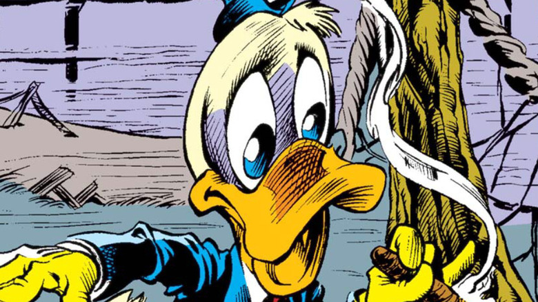 Howard the Duck ripping through a newspaper