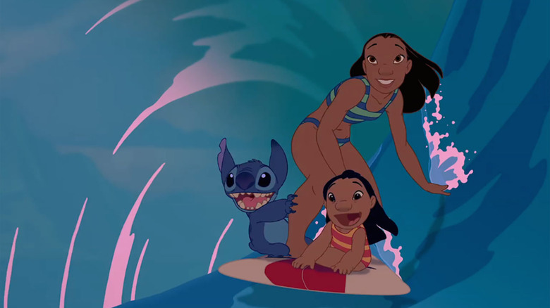Lilo, Nani, and Stitch going surfing