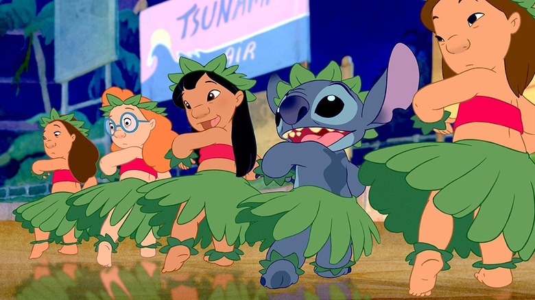 Lilo and Stitch dancing in grass skirts