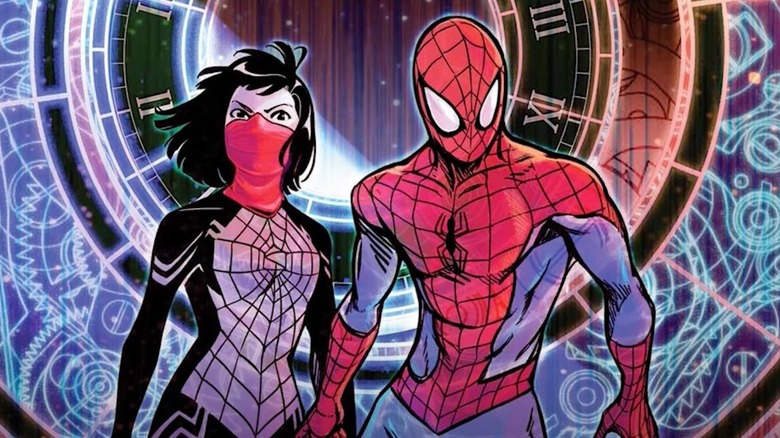 Spider-Man and Silk in front of runes