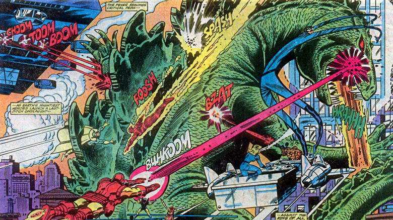 Godzilla under attack from SHIELD, the Avengers and the Fantastic Four