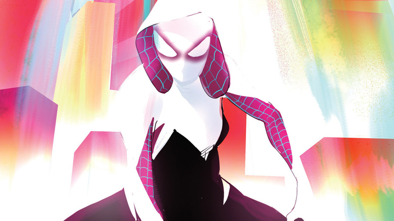 Spider-Gwen crouching in pose in front of light