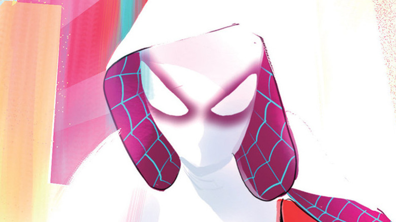 Spider-Gwen crouching in pose in front of light