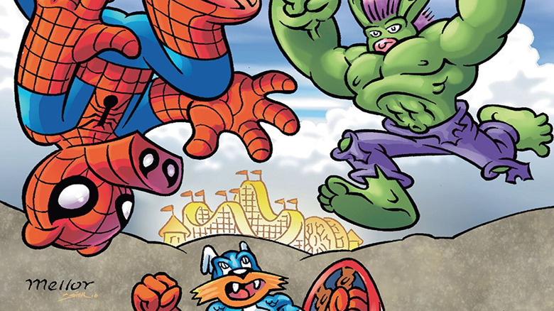 Split image of Spider-Ham and Rorschach from Watchmen