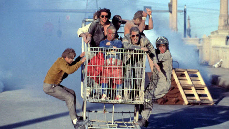 Jackass crew riding giant shopping cart