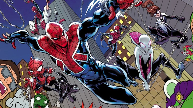 Spider-Man variants swinging