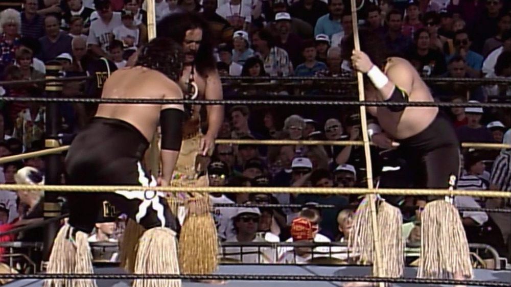 Afa managing the Headshrinkers at Wrestlemania IX