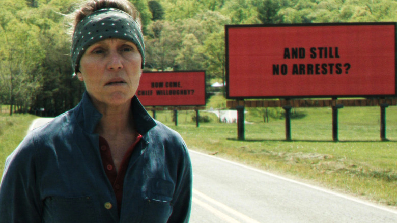 Frances McDormand in front of three billboards