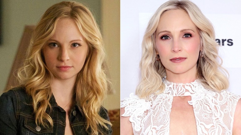 Caroline smiling in "The Vampire Diaries" and Candice King smiling at the "We Were Liars" Tribeca Festival World Premiere in New York City in 2025.