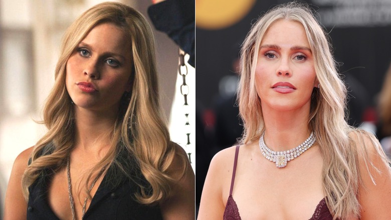 Rebekah pouting in "The Vampire Diaries" and Claire Holt smiling at the Venice International Film Festival in 2025.